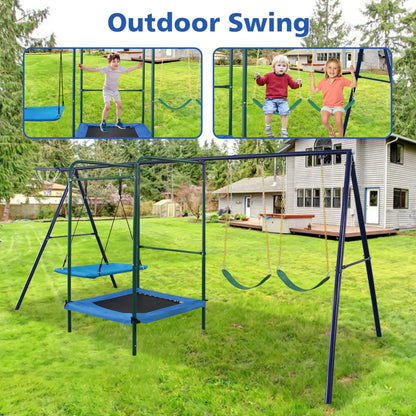 4-in-1 Outdoor Swing Set with Belt Swings, Hammock Swing, Trampoline and Basketball Hoop