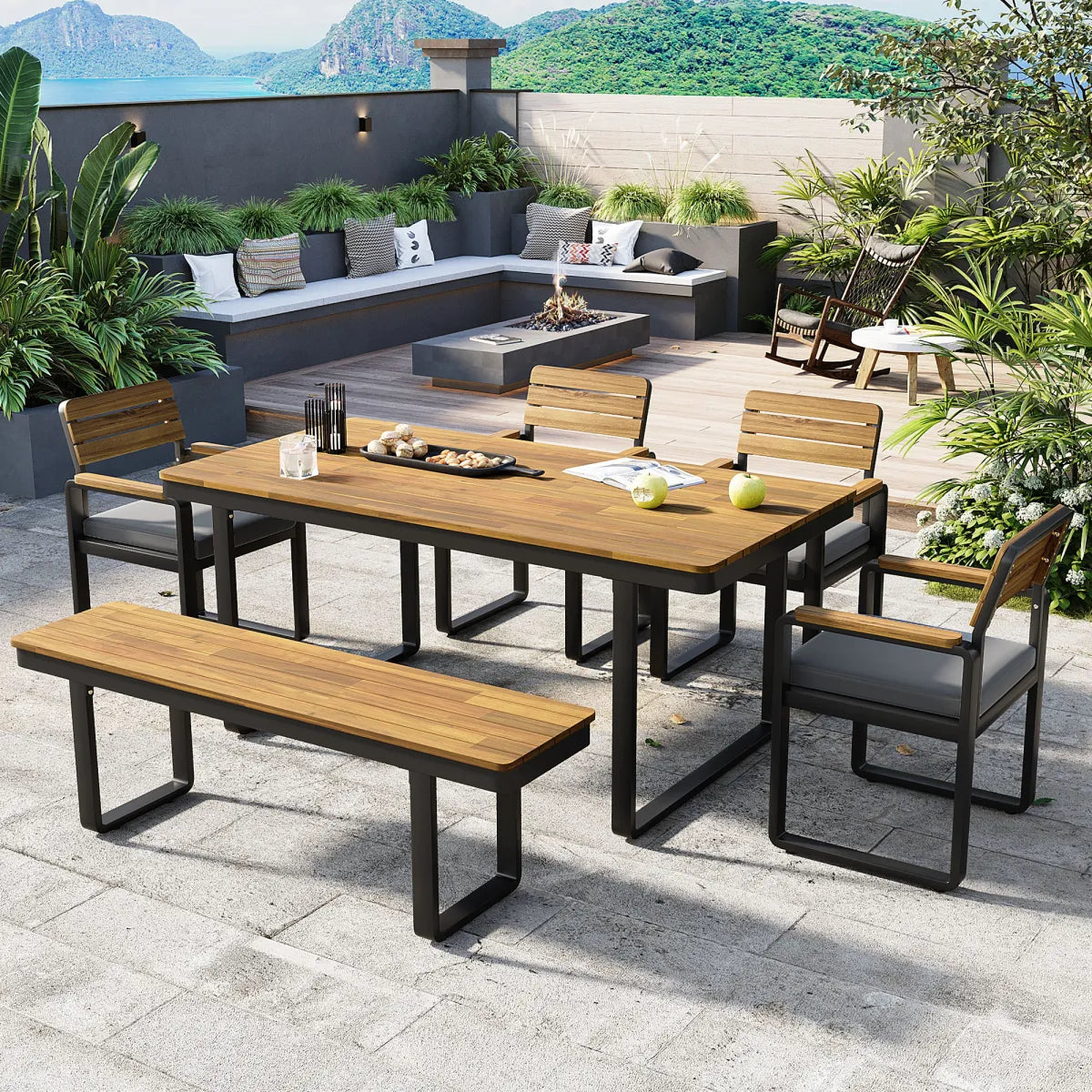 6-Piece Acacia Wood Outdoor Dining Set with Table, 4 Chairs and Bench, Gray