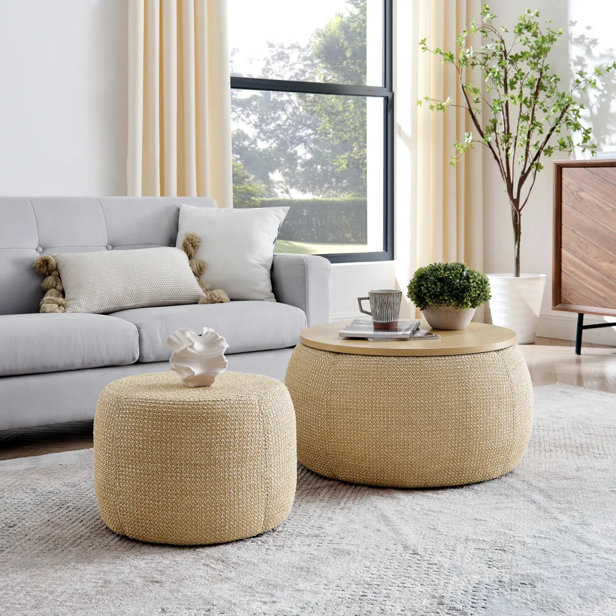 Round Woven Rattan Storage Ottoman with End Table Top