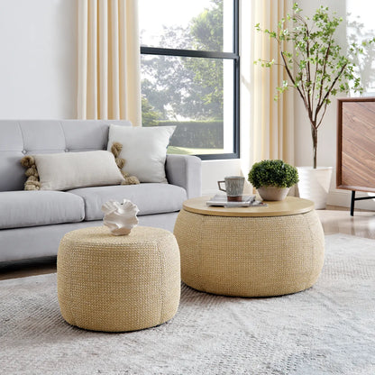 Round Woven Rattan Storage Ottoman with End Table Top