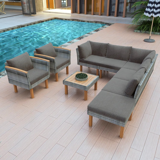 9-Piece Modular Outdoor Sectional Set with Acacia Wood Coffee Table, Gray PE Rattan