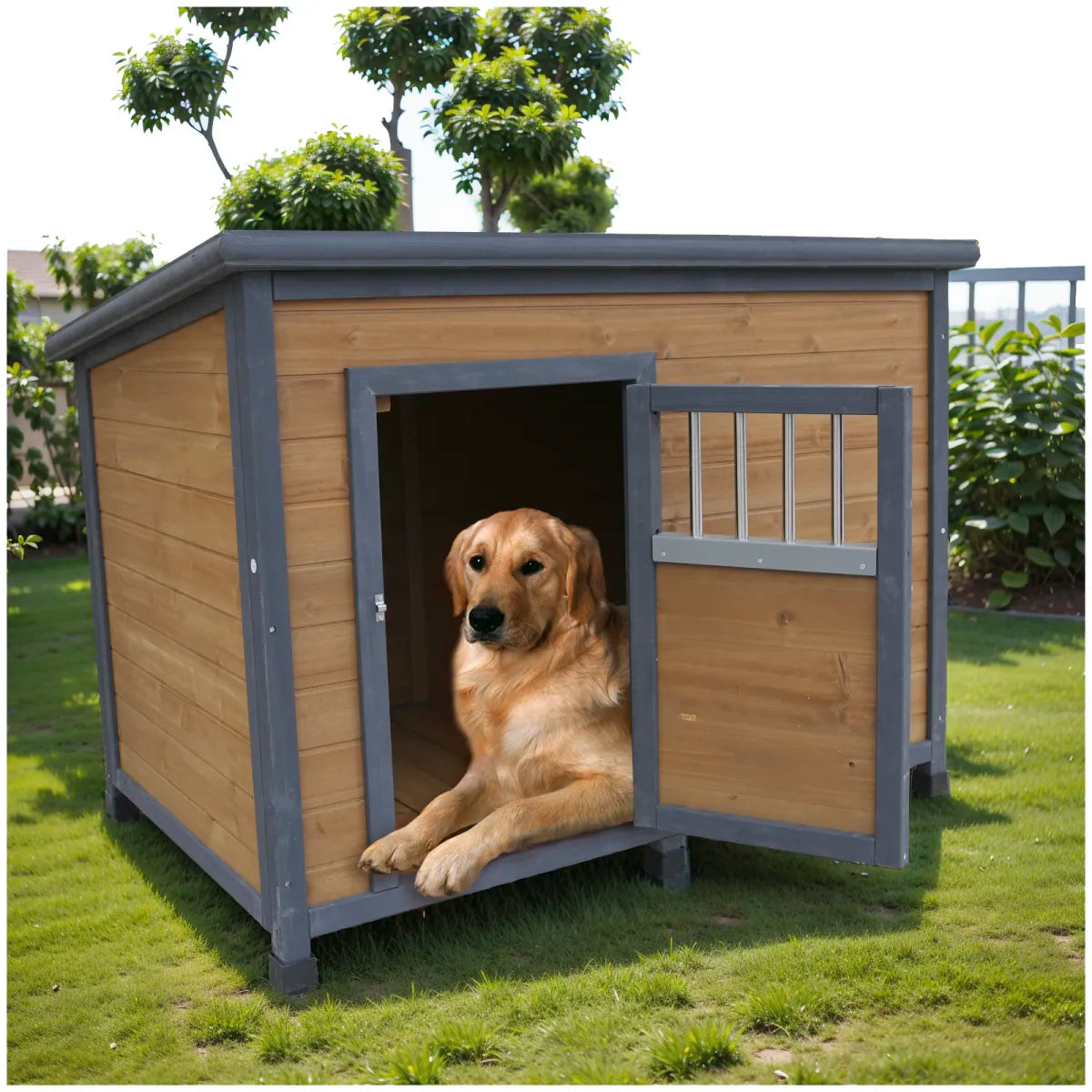 45" Large Wooden Dog House with Waterproof PVC Roof, Gray and Yellow