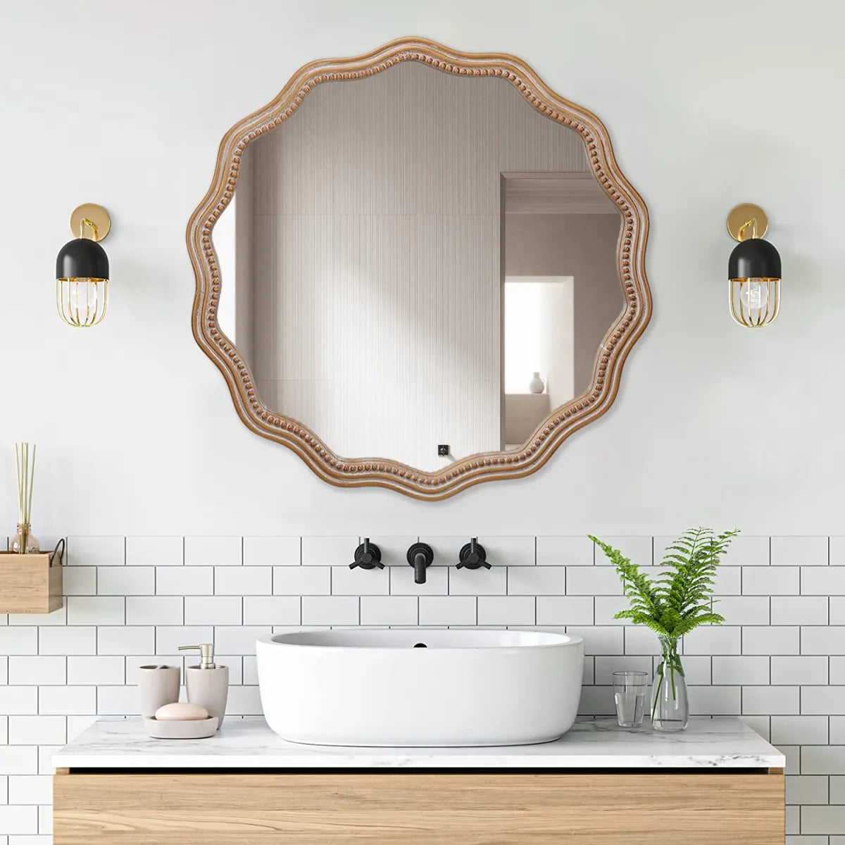 Scalloped Wood Frame Round Wall Mirror, Antique Natural