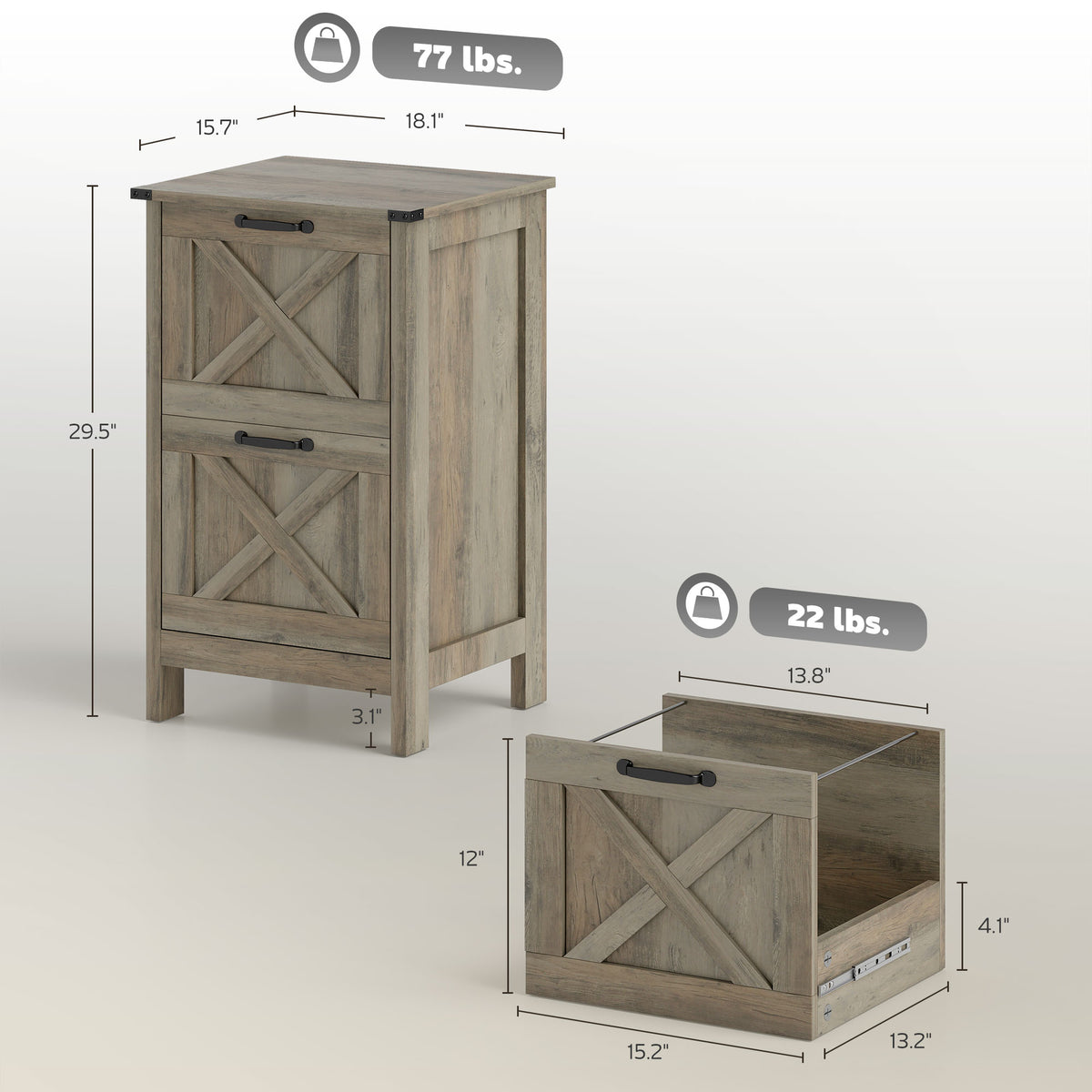 Rustic farmhouse 2-drawer file cabinet, distressed gray