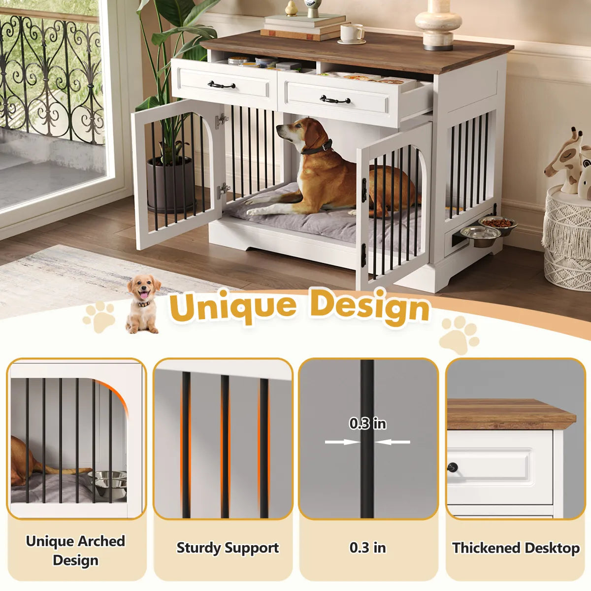 Farmhouse Dog Crate Furniture with Storage Drawers, White Brown