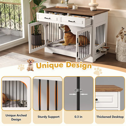 Farmhouse Dog Crate Furniture with Storage Drawers, White Brown