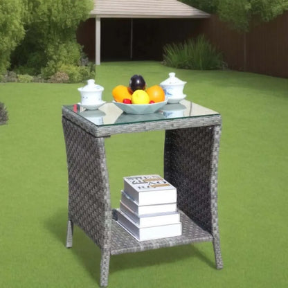 Outdoor Wicker Side Table with Clear Tempered Glass Top
