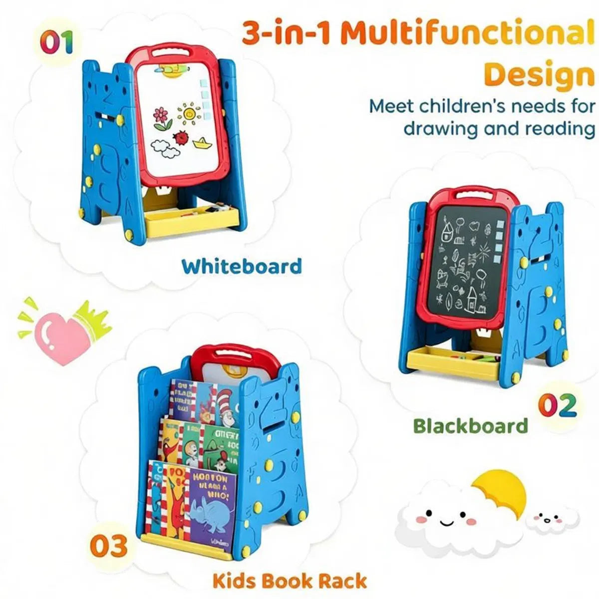 3-in-1 Kids Art Easel – Double-Sided Magnetic Whiteboard & Chalkboard