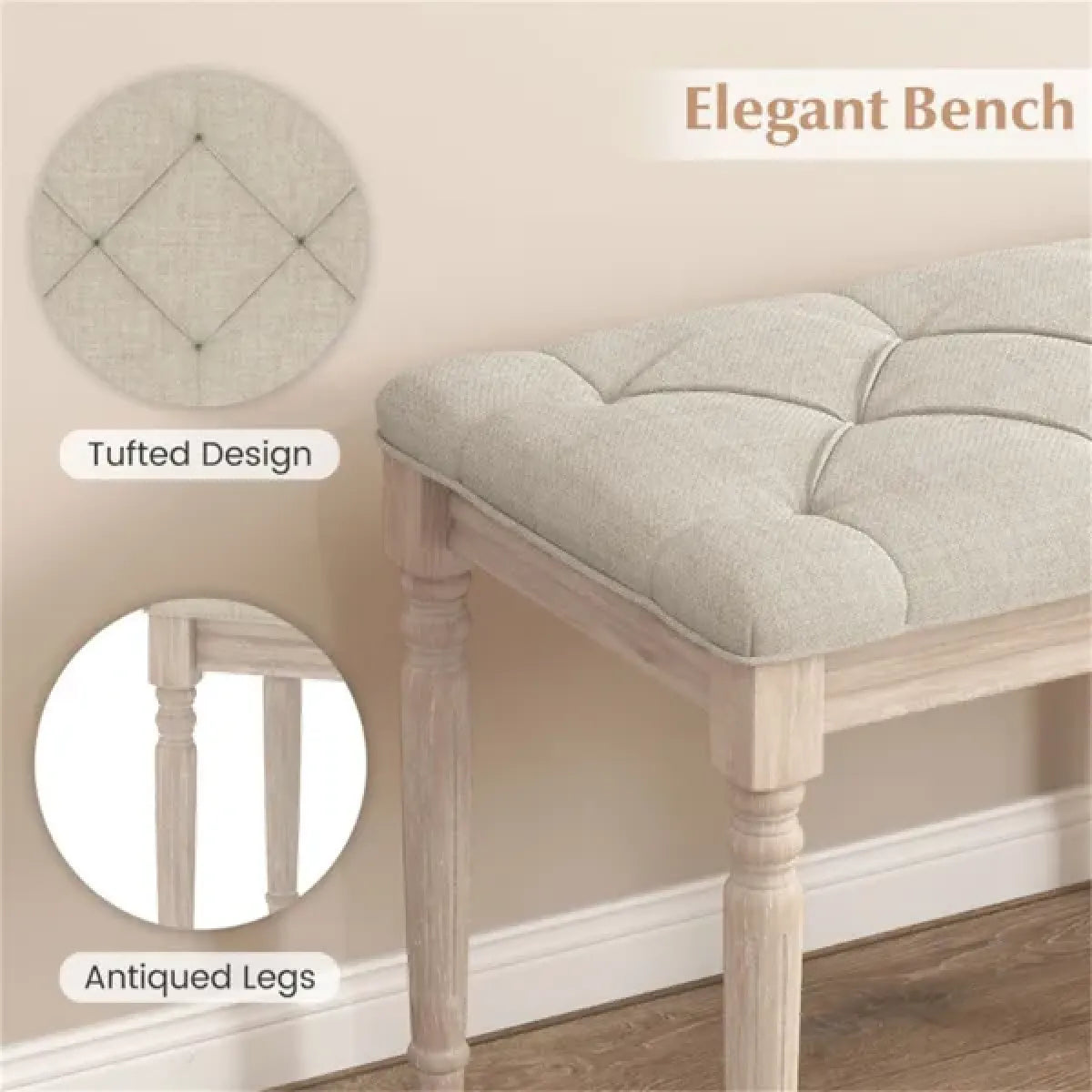 Upholstered Button-Tufted Bench, Beige