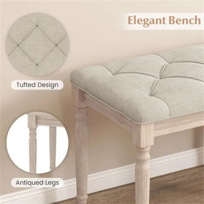 Upholstered Button-Tufted Bench, Beige