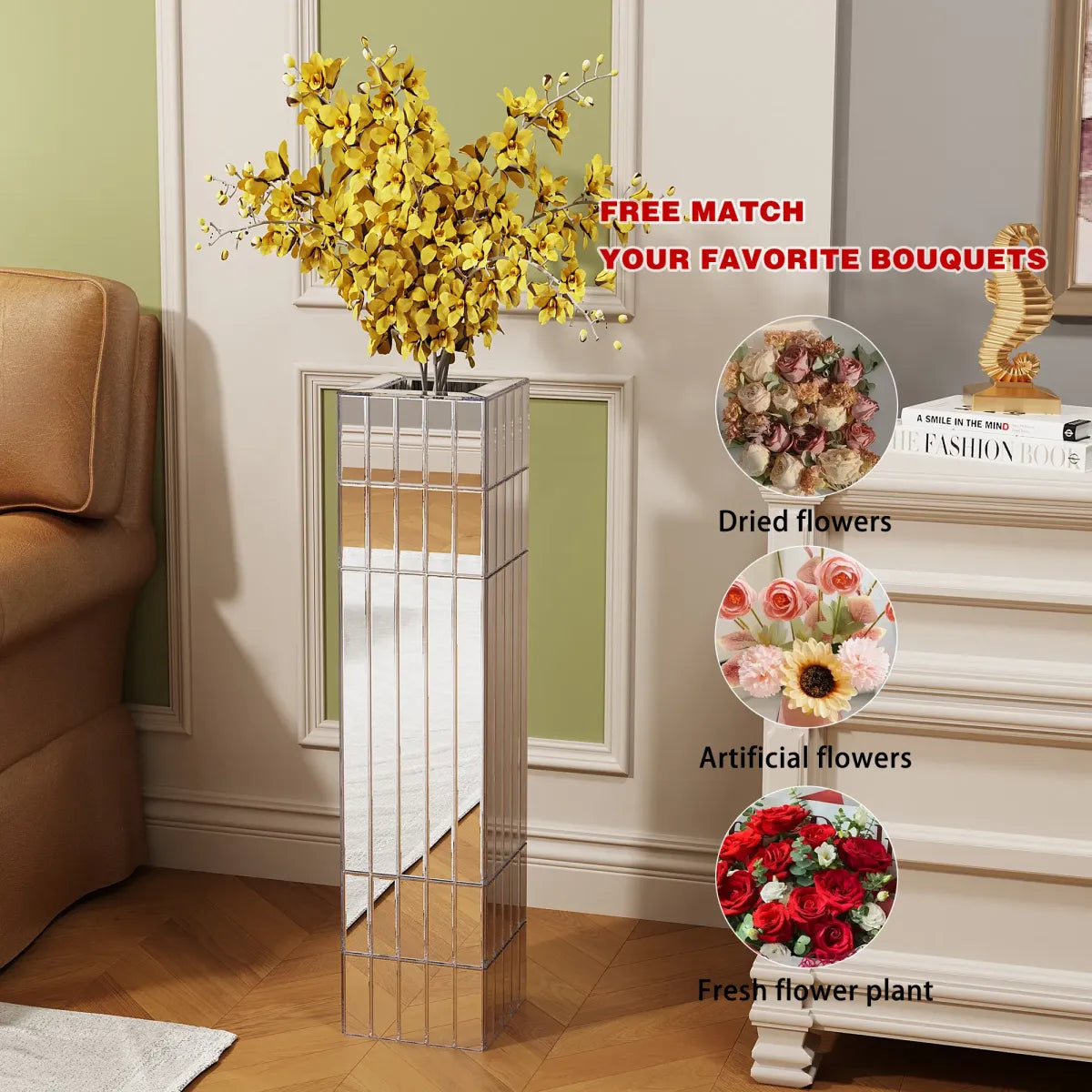 Tall Mirrored Glass Floor Vase for Dried Flowers, Silver Cube Design