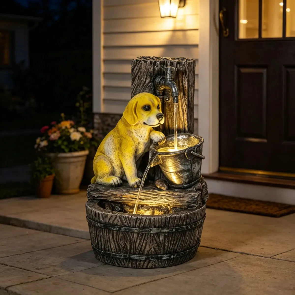 22" 3-Tier Garden Fountain with LED Lights, Rustic Brown