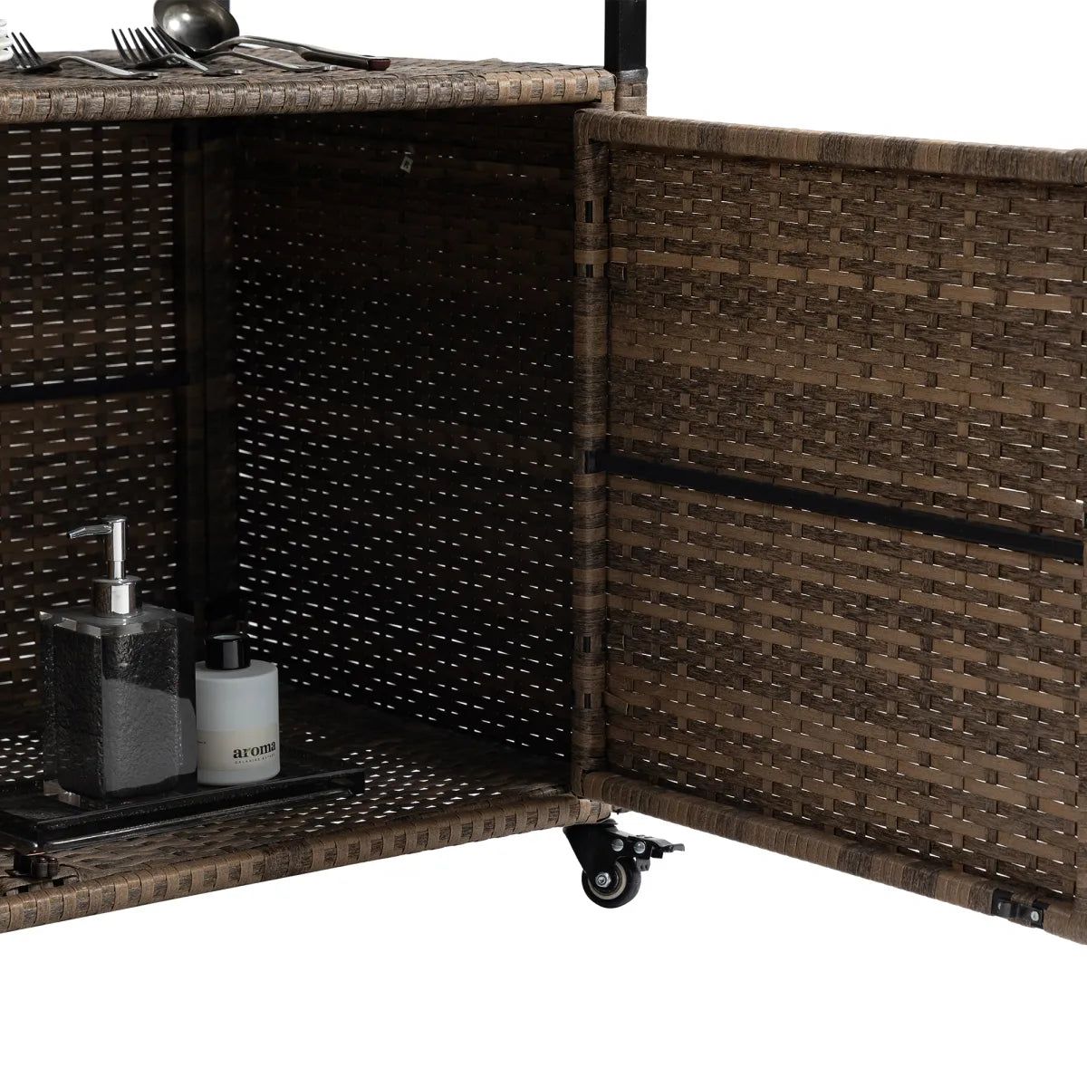 Outdoor Wicker Rolling Bar Cart with Glass Top – view 2