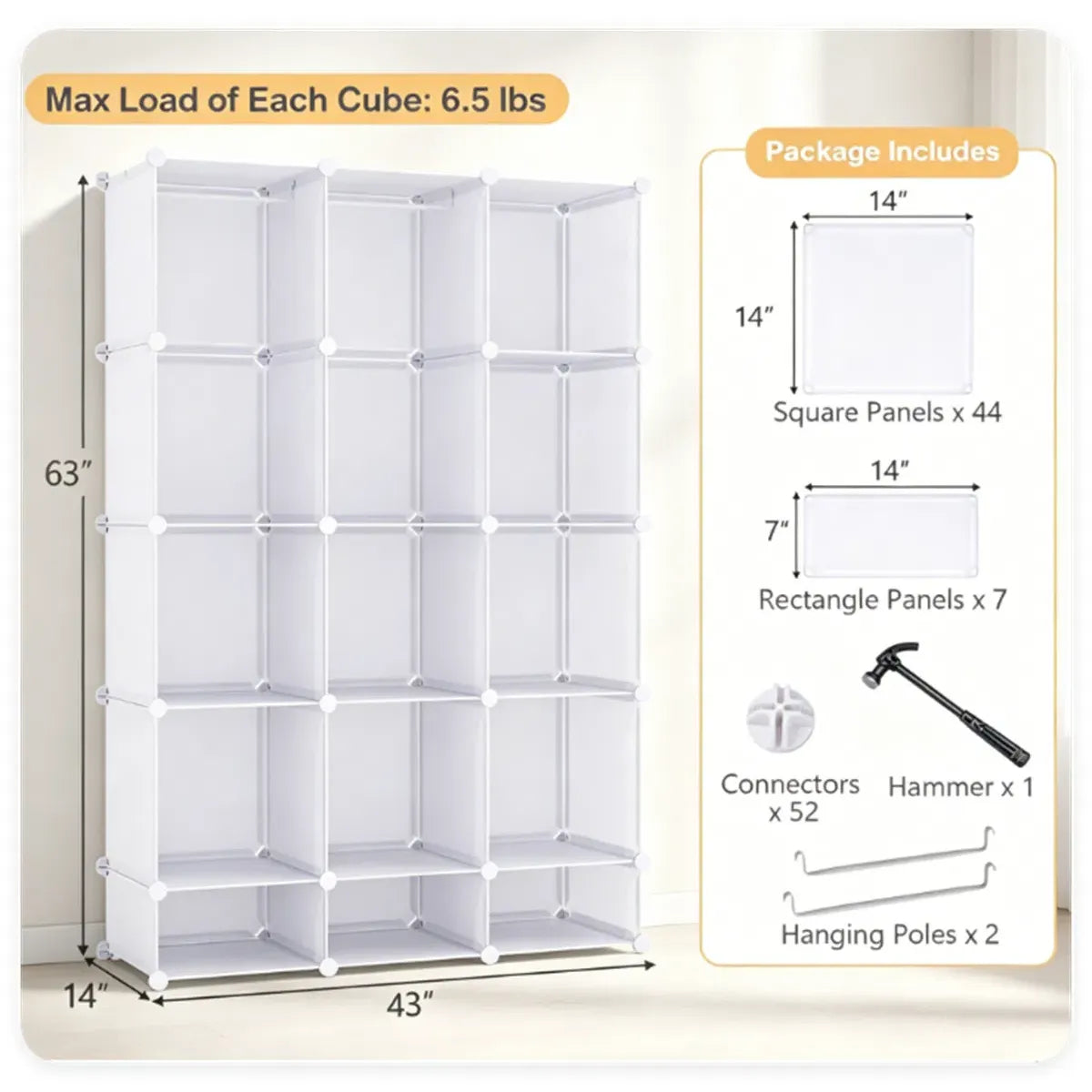3-Cube Modular Kids Closet with Hanging Rods, Tool-Free Assembly, White