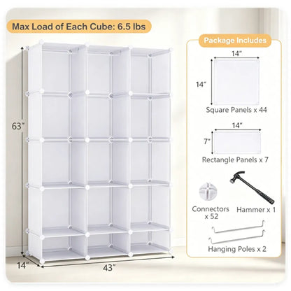 3-Cube Modular Kids Closet with Hanging Rods, Tool-Free Assembly, White