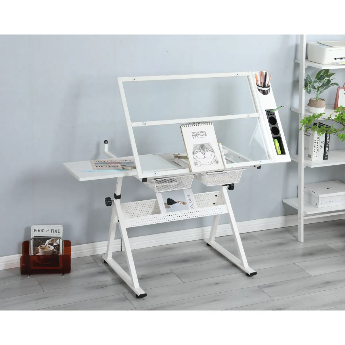 Adjustable Tempered Glass Drafting Table with Chair, White