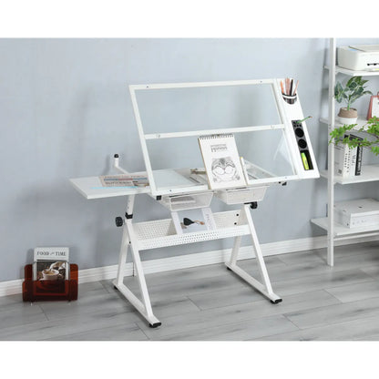Adjustable Tempered Glass Drafting Table with Chair, White