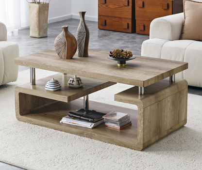 3-tier coffee table with storage, wood grain