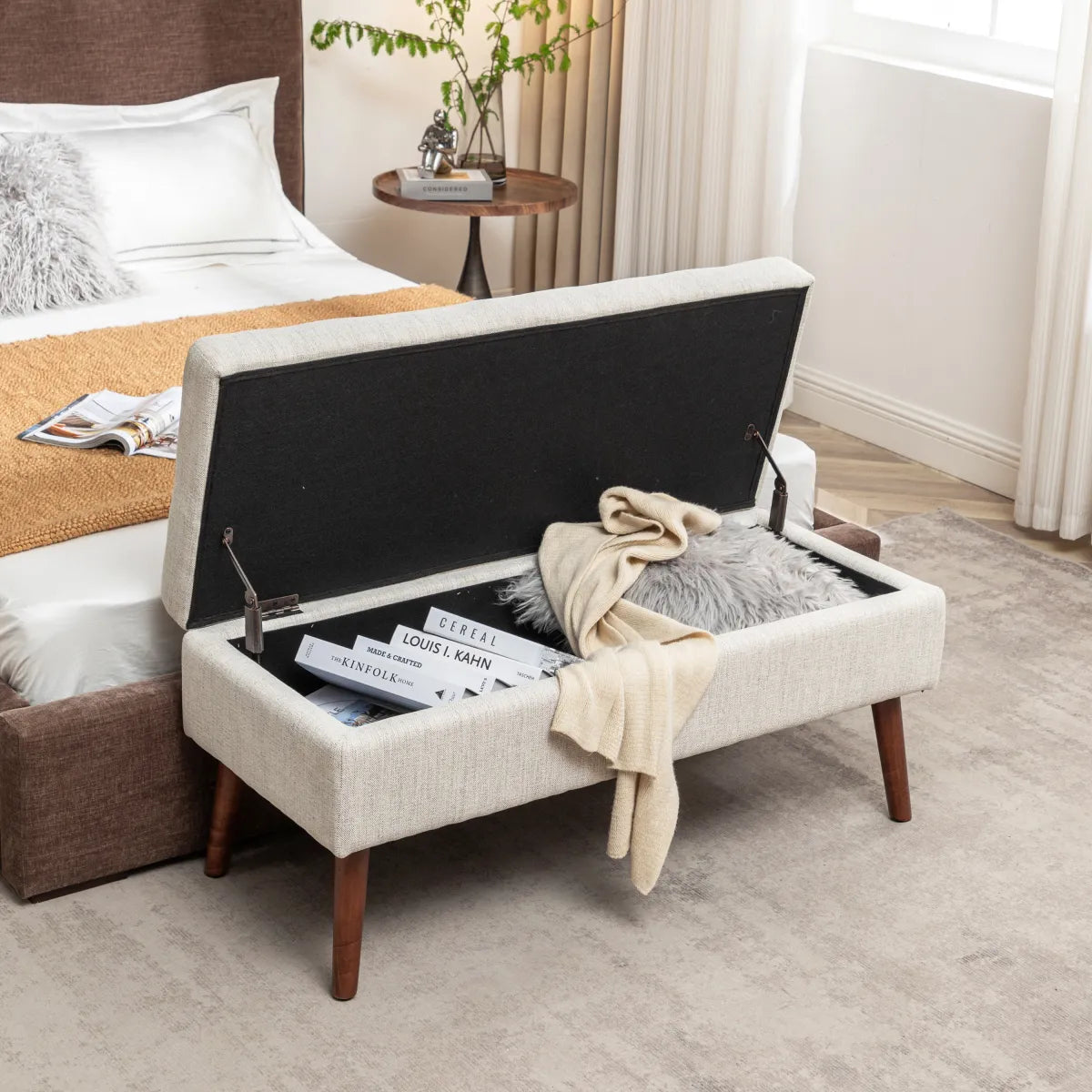 Mid-Century Tufted Storage Bench with Wood Legs, Off White