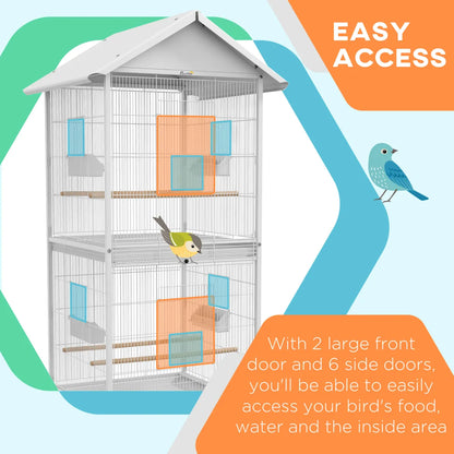 Wrought Metal Bird Cage Feeder with Rolling Stand, White