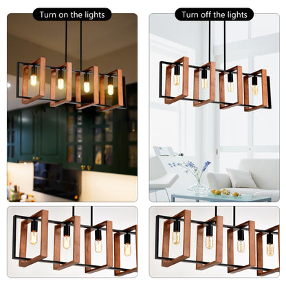 4-light farmhouse rectangular pendant, wood and black