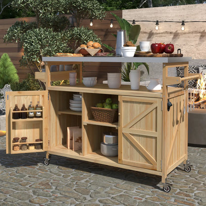 Outdoor Kitchen Island Bar Cart with Storage Cabinet, Natural
