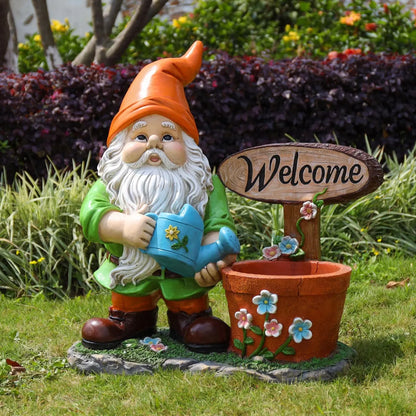Outdoor Garden Gnome Statue with Flower Pot Planter, Yard Decoration