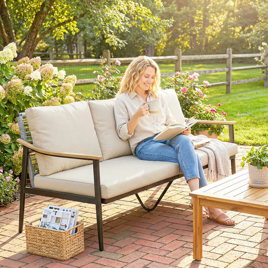 3-Seater Outdoor Patio Sofa with Wood-Effect Armrests, Wicker Backrest and Cushions, Khaki