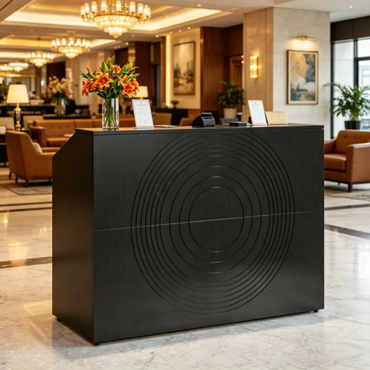Modern Reception Desk with Carved Concentric Circle Front Panel, Black