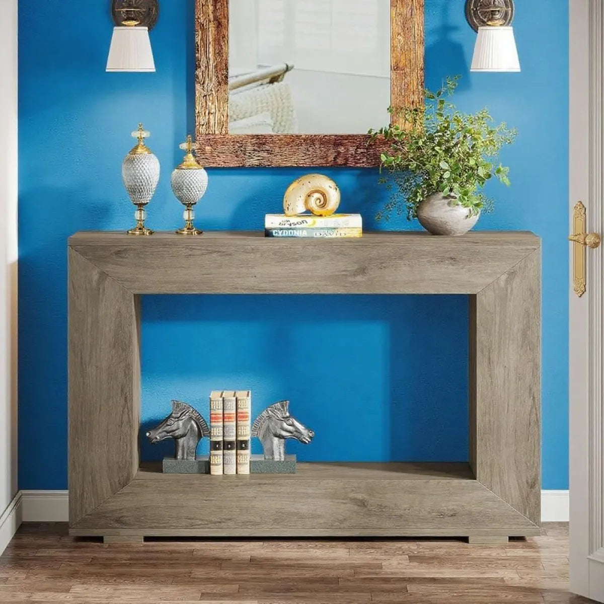 Weathered Grey Wood Console Table with Storage Shelf
