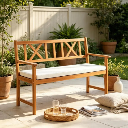 2-Person Acacia Wood Outdoor Loveseat Bench with Removable White Cushion