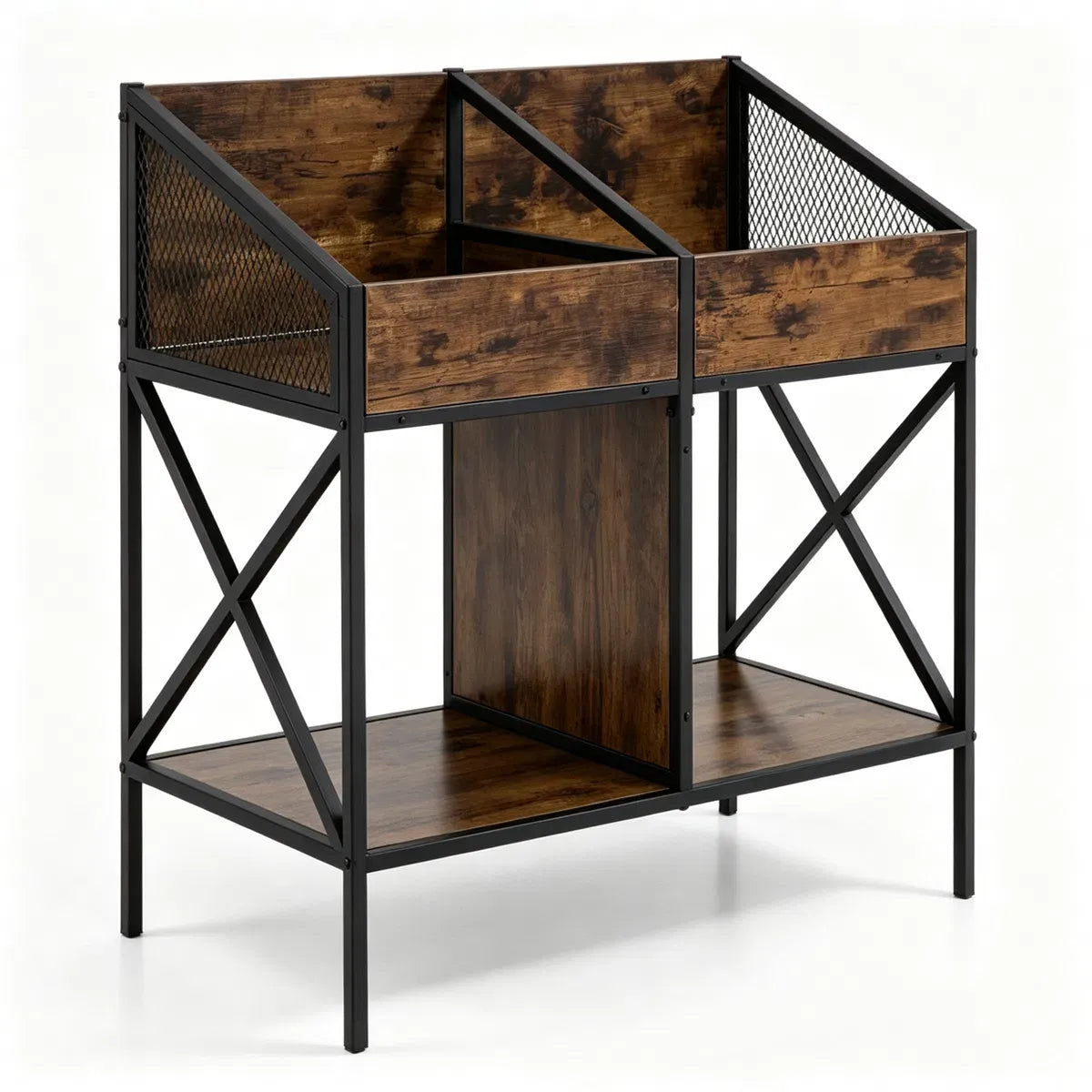 2-Tier Industrial Vinyl Record Storage Rack with Anti-Tipping Kit, Wood and Metal