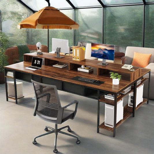 Two-person desk with monitor stands, 78 inch
