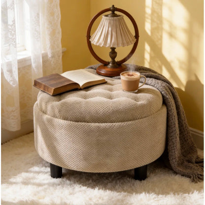 25" Round Storage Ottoman – Wooden Top Coffee Table & Footstool, Camel Fabric – view 2