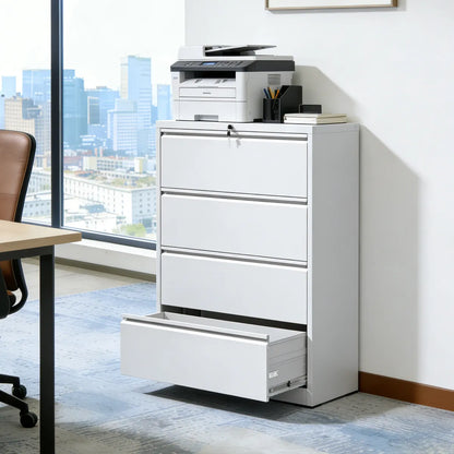 4-Drawer Lateral Metal File Cabinet with Lock, White, Heavy Duty