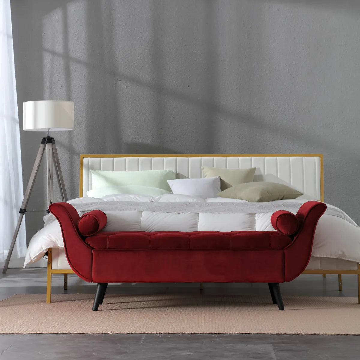 Vintage Tufted Long Bench, Velvet Upholstered Storage Ottoman