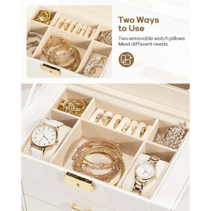 5-Layer Jewelry Organizer Box with Lock, White and Gold