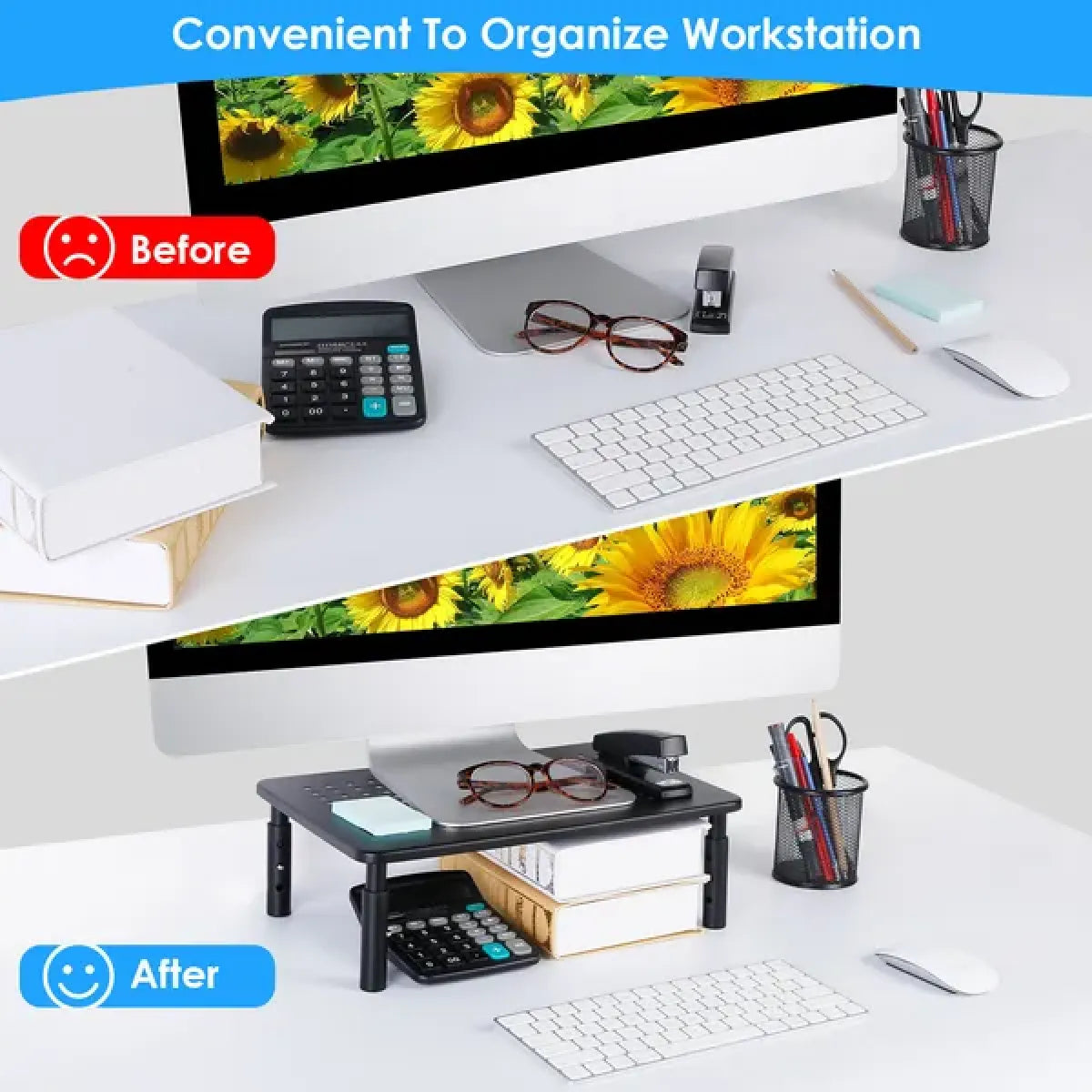 3-Height Adjustable Monitor Stand Riser – Iron with Ventilation Holes, Desk Organization