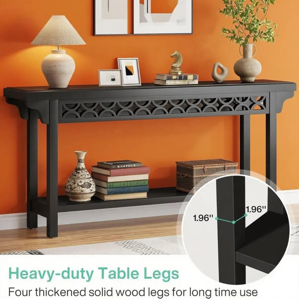 Black Lattice-Front Console Table with Lower Shelf