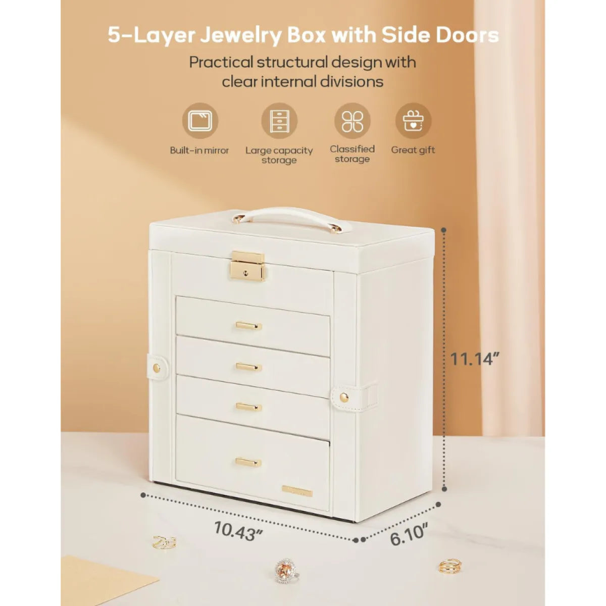 5-Layer Jewelry Organizer Box with Lock, White and Gold