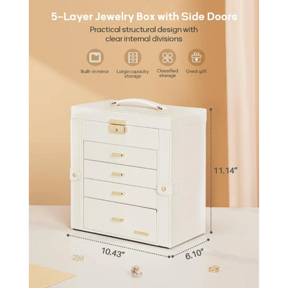 5-Layer Jewelry Organizer Box with Lock, White and Gold
