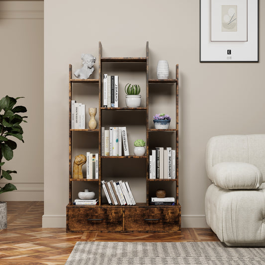 Industrial bookshelf with 2 drawers, rustic brown