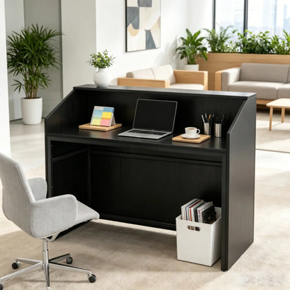 Modern Reception Desk with Carved Concentric Circle Front Panel, Black