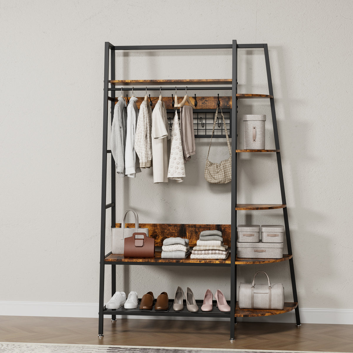 Industrial open coat rack with shelves
