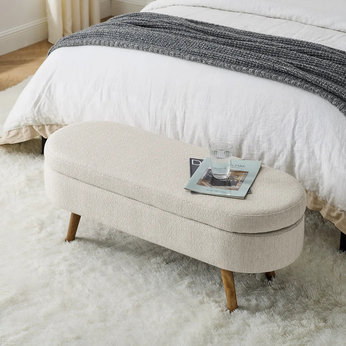 Oval Storage Bench with Rubber Wood Legs, Beige