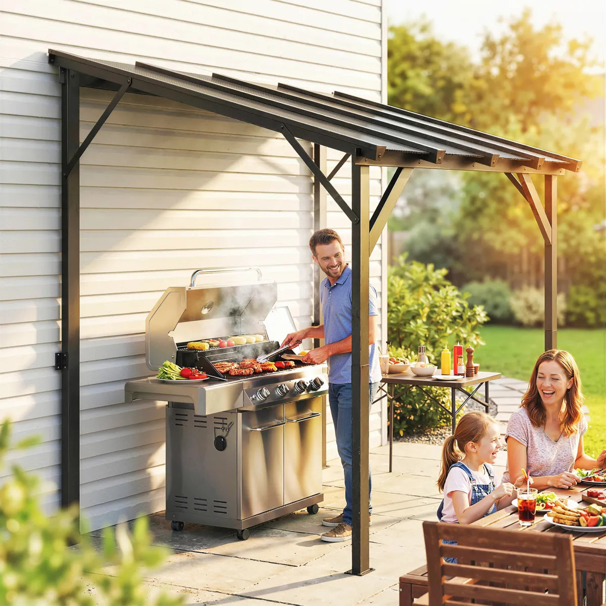 Hardtop Grill Gazebo, Lean-To BBQ Shelter with Polycarbonate Roof