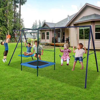 4-in-1 Outdoor Swing Set with Belt Swings, Hammock Swing, Trampoline and Basketball Hoop