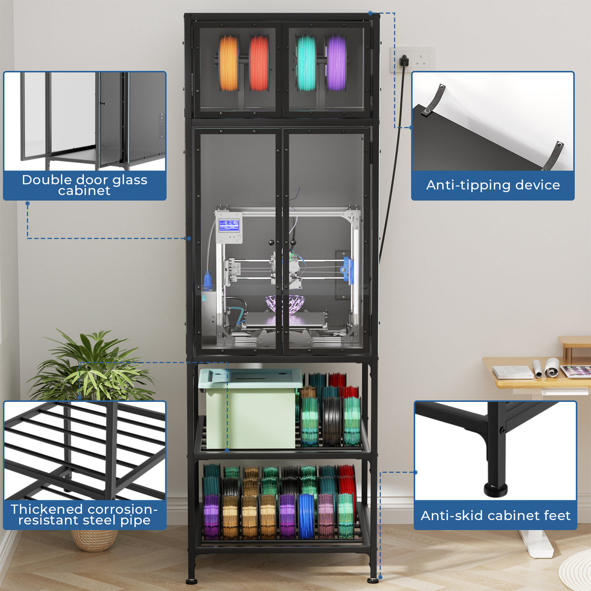 3D printer cabinet with filament storage, black