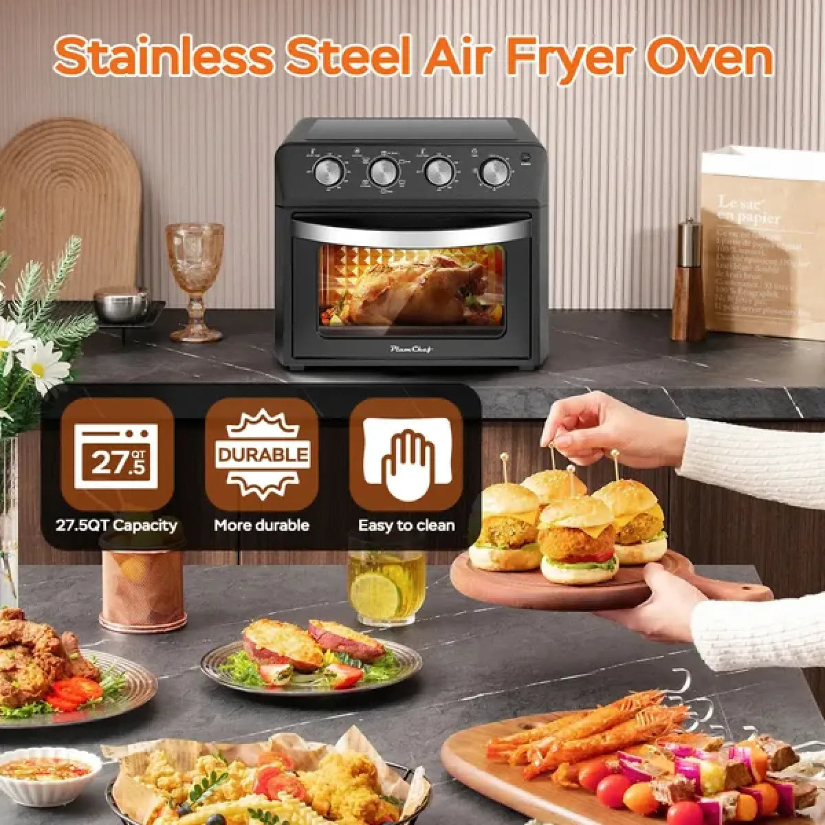 27.5QT 6-in-1 Air Fryer Toaster Oven – Dropdown-Door Convection Oven