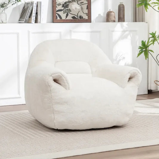 Faux Fur Bean Bag Chair with Back Support – Comfy Stuffed Floor Sofa, White